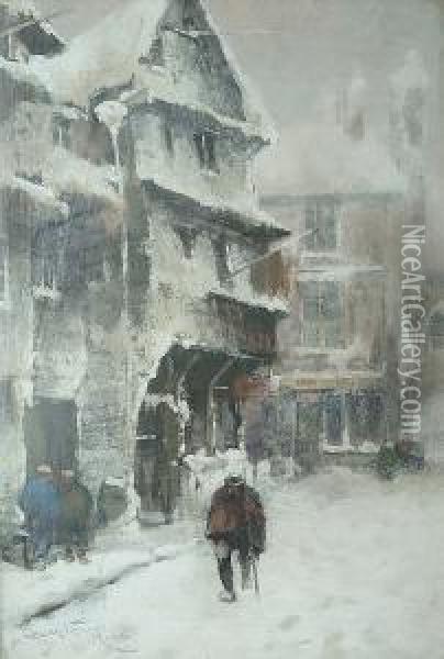 Snow Covered Street With Figure Walking Oil Painting - Bartram, Fred. John Hiles
