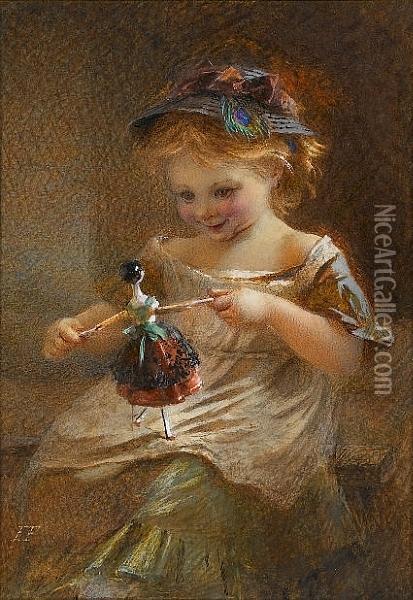 A Young Girl Playing With A Doll Oil Painting - Emily Farmer