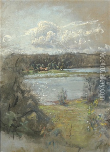 View Of Tyresjo, Sweden (+ Portait Of The Artist's Wife Martha, Verso) Oil Painting - Viggo Johansen