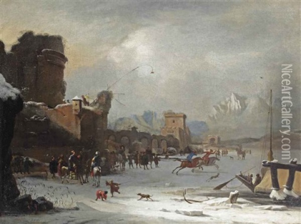 A Winter Landscape With Horsemen Racing And Other Figures On The Frozen Tiber Near The Ponte Molle, Rome Oil Painting - Willem Schellinks