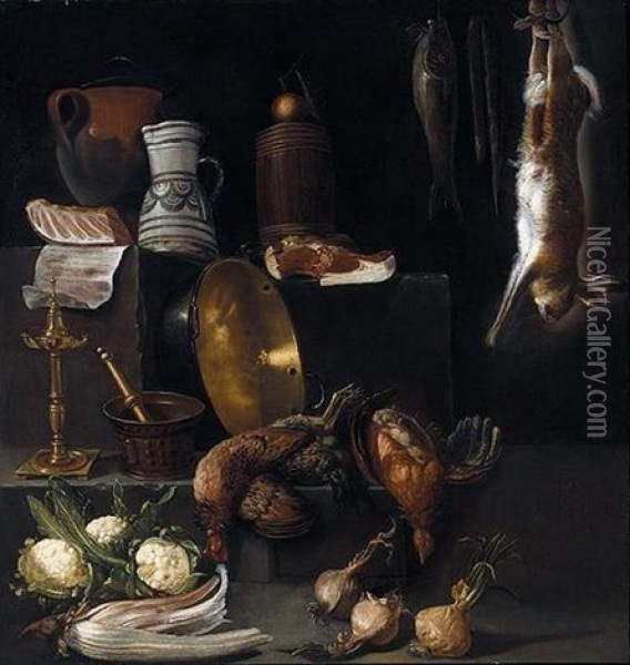 A Kitchen Still Life With Chickens, Hare, Fish, Onions, Cauliflower, A Cardoon And Various Kitchen Utensils Oil Painting - Alessandro de Loarte