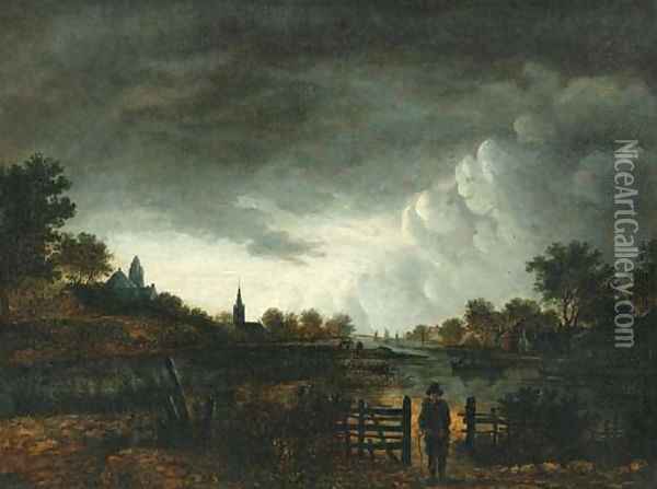 A river landscape at sunset with a peasant by a gate Oil Painting - Aert van der Neer