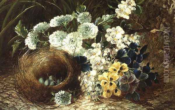 A Still Life of Flowers and a Bird's Nest on a Mossy Bank Oil Painting - Vincent Clare