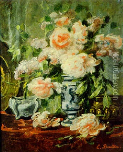 Bouquet De Pivoines Et Lilas, A La Coupe Et Au Plat Oil Painting - Eugene Baudin