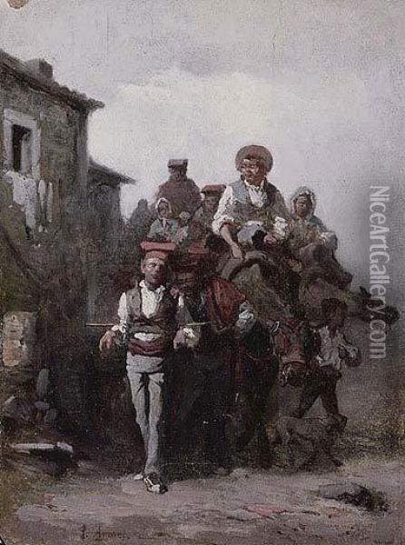 Campesinos Catalanes Oil Painting - Jose Armet Y Portanell