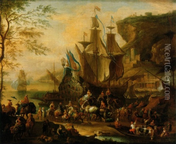 A Harbour Scene Oil Painting - Jan-Baptiste van der Meiren