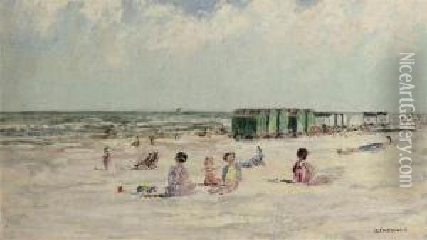 Children On A Beach Oil Painting - Pierre Thevenet