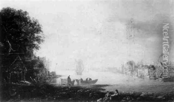 A Riverside Town, With Figures Unloading A Rowing Boat Into A Horse And Carriage Oil Painting - William Sadler the Younger