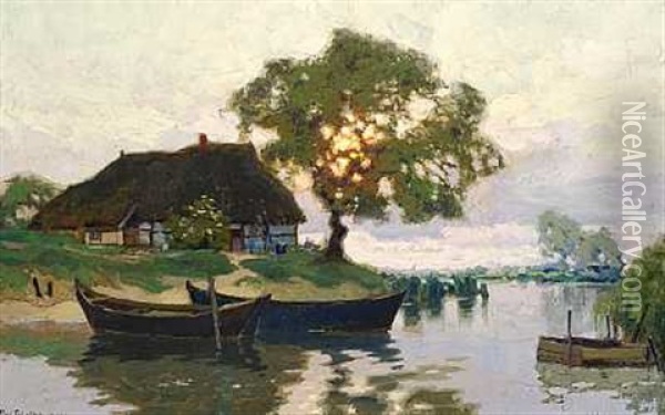 Solnedgangsstemning Ved Et Hus Og En So Oil Painting - Paul Guenther