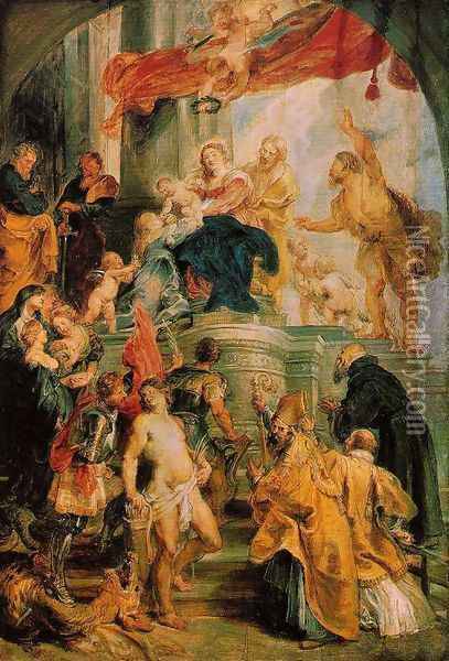 Virgin and Child Enthroned with Saints c. 1628 Oil Painting - Peter Paul Rubens