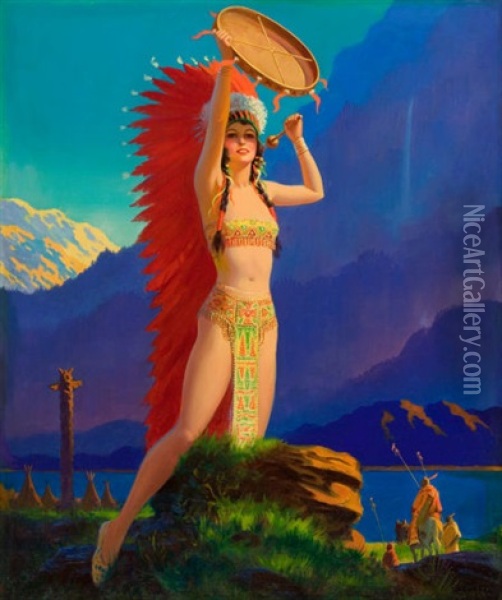 Indian Maiden With Tom Tom, Calendar Illustration Oil Painting - Edward Mason Eggleston
