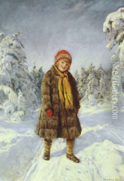 Norsk Vinterlandskab Med Lille Jente I Pelsfrakke Oil Painting - Hans Dahl