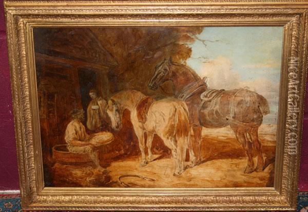 Field Workers Outside A Cottage With Two Plough Horses Oil Painting - John Frederick Herring Snr