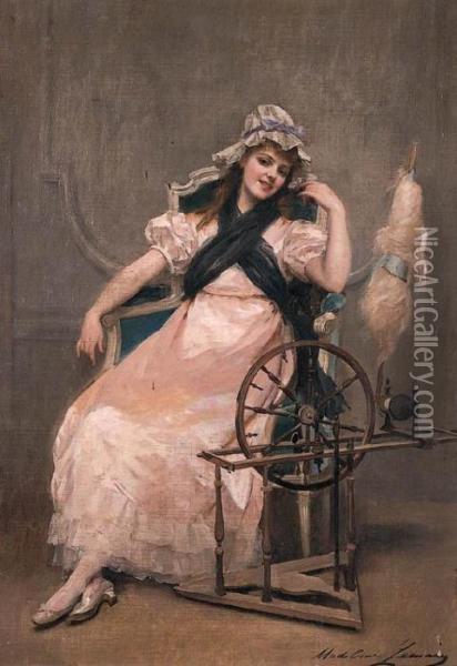 A Young Beauty At A Spinning Wheel Oil Painting - Madeleine Jeanne Lemaire