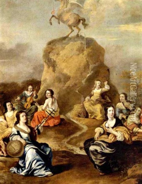 Allegori Pa Berommelsen Med Pegasus Pa Parnassus Omgivet Af De Ni Muser Oil Painting - Jan Van Bijlert