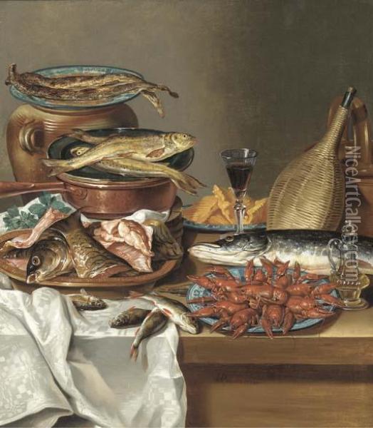 A Plate Of Herring On An Urn, A Plate Of Trout On A Copper Saucepan, A Dish Of Filleted Fish, A Bottle And A Glass Of Wine, A Salmon, A Plate Of Baby Lobsters And A Bottle Of Olive Oil On A Draped Table Oil Painting - Anton Friedrich Harms
