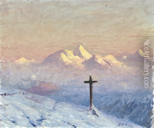 Wegkreuz Vor Hochgebirge In Verschneiter Landschaft Oil Painting - Albert Henri John Gos