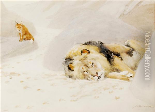 Fox Andslumbering Lion Oil Painting - John Charles Dollman
