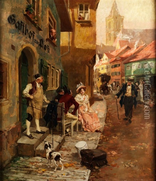 Biedermeierliches Strassentreiben Vor Dem Gasthof Zur Post Oil Painting - Wilhelm Roegge