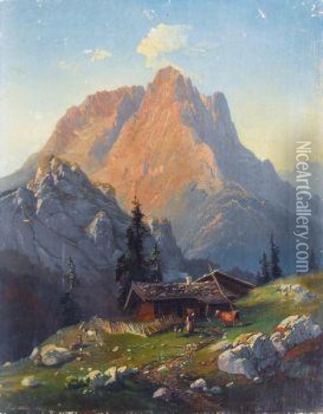 Hochgebirgslandschaft Mit Almhutte Oil Painting - Karl Millner