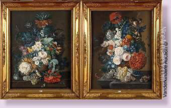 Bouquets De Fleurs Et De Fruits Aux Insectes Et A L'oiseau Sur Un Entablement Oil Painting - Joseph Nigg