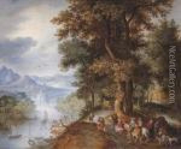An Extensive Mountainous River 
Landscape With Horsemen And Figuresreturning From The Falconry, Villages
 In The Valley Beyond Oil Painting - Jan The Elder Brueghel