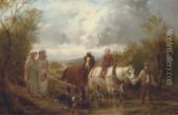 Through The Ford; And Figures Seated Under A Tree With Carthorses Oil Painting - Robert Watson