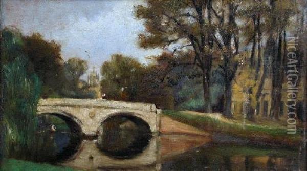 A View Ofthe River Cam With Clare Bridge Oil Painting - Janet Archer
