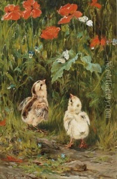 Chicks And Butterflies Amongst Poppies Oil Painting - Robert Morley