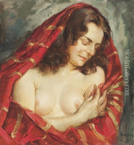 Weiblicher Halbakt Mit Rotem Tuch Oil Painting - Wilhelm Hempfing