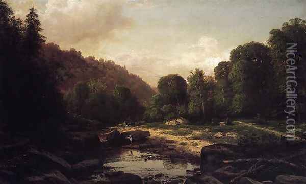 Boy Fishing in Mountain Stream, Mifflin County Oil Painting - George Hetzel