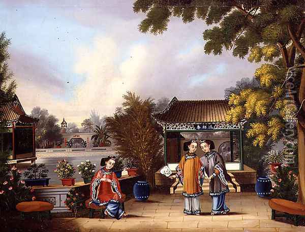 A Hong merchant's garden, Canton, with three Chinese ladies, c.1850 Oil Painting - Anonymous Artist