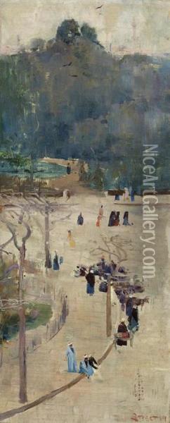 Cairo Street Scene (ezbekiyeh Gardens) Oil Painting - Arthur Ernest Streeton