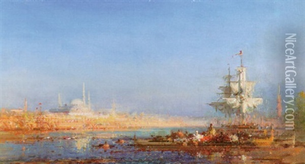 A View Across The Golden Horn To The Suleimaniye Mosque Oil Painting - Henri Duvieux