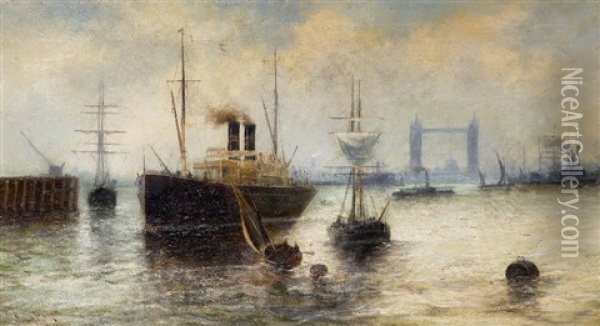 The Pool Of London, Tower Bridge And St Paul's Beyond Oil Painting - John Hayes