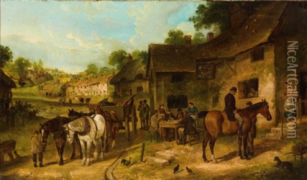 Rastende Fuhrleute Mit Vierspannigem Karren Vor Landlichem Gasthaus Oil Painting - William Shayer the Elder