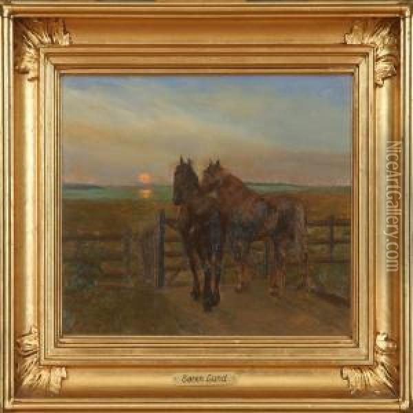 Two Horses In The Twilight Oil Painting - Soren Lund