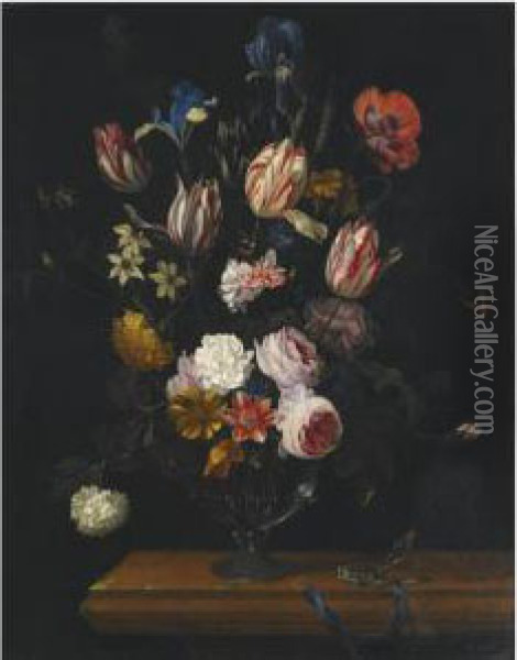 A Still Life Of Tulips, Roses, Irises And Other Flowers In A Glassvase Oil Painting - Gerrit Van Giessen