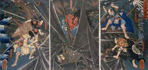 The Earth Spider slain by the hero Raikos retainers 944-1021 Oil Painting - Utagawa Kuniyoshi