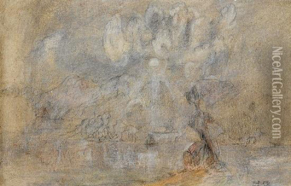 Landskap Med Sol Og Skyer 1858 Oil Painting - Lars Hertervig