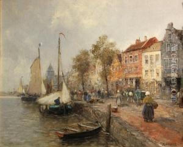 Village Port With Figures Oil Painting - Carl Wagner