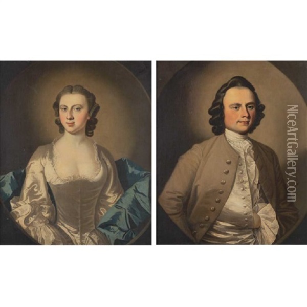 Portraits Of An Elegant Couple (pair) Oil Painting - Thomas Hudson