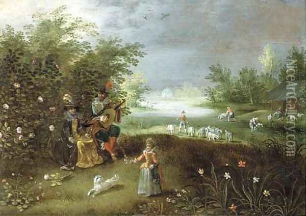 Elegant company making music in a garden, a landscape beyond Oil Painting - Isaac Van Oosten