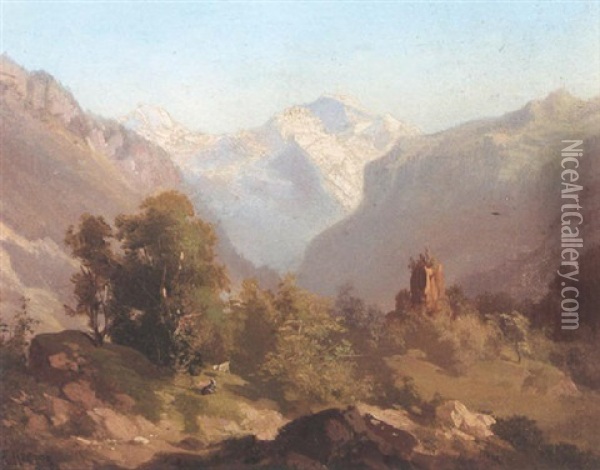 An Alpine Landscape With Goats Oil Painting - Hermann Herzog