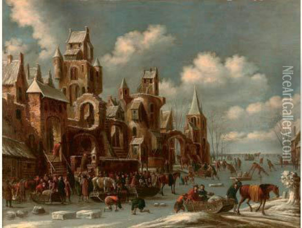Vue De Ville Pendant L'hiver Oil Painting - Thomas Heeremans