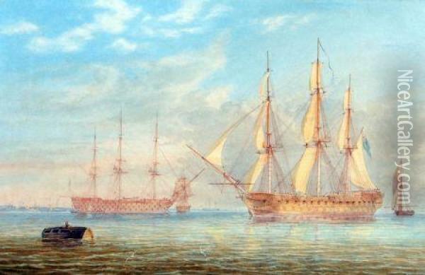 Hms Queen Coming To Anchor In Spithead With Other Royal Naval Warships From The Fleet Oil Painting - William Joy
