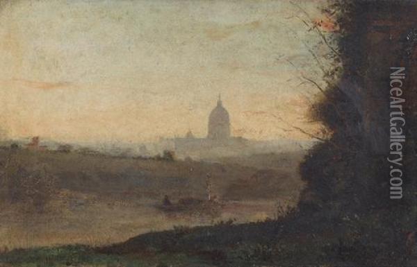 Abendstimmung Am Tiber Mit Blick Auf Rom. Oil Painting - Edouard J. Emile Brandon