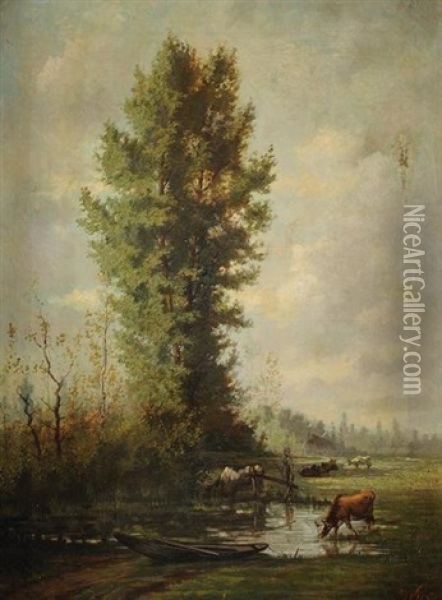 L'abreuvoir Oil Painting - Alexander Ferdinand Wust