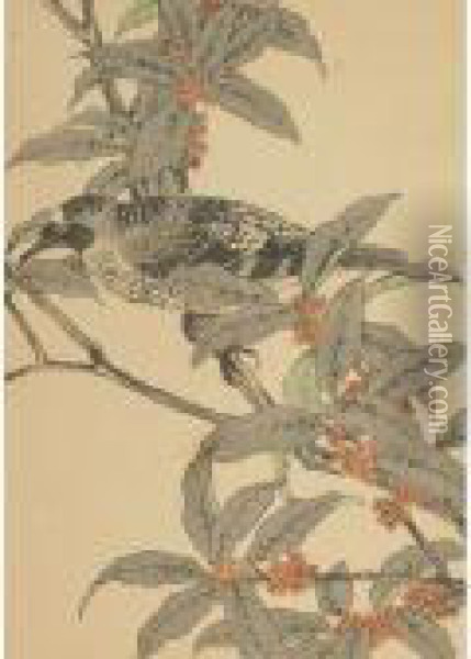 Black And White Bird Amidst Red Berries Oil Painting - Imao Keinen