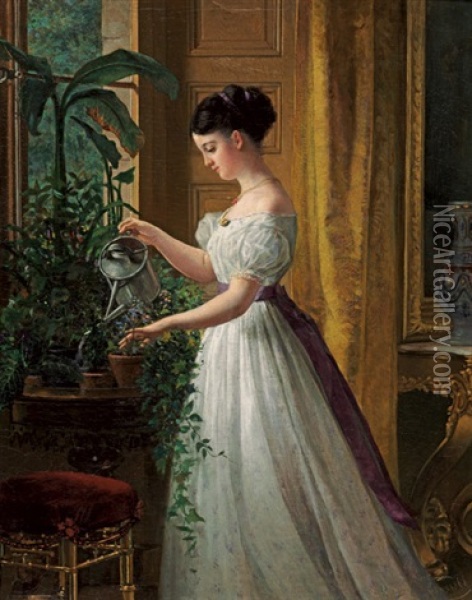 Elegante Junge Frau Im Weisen Chiffonkleid Beim Blumengiesen Oil Painting - Paul Spangenberg